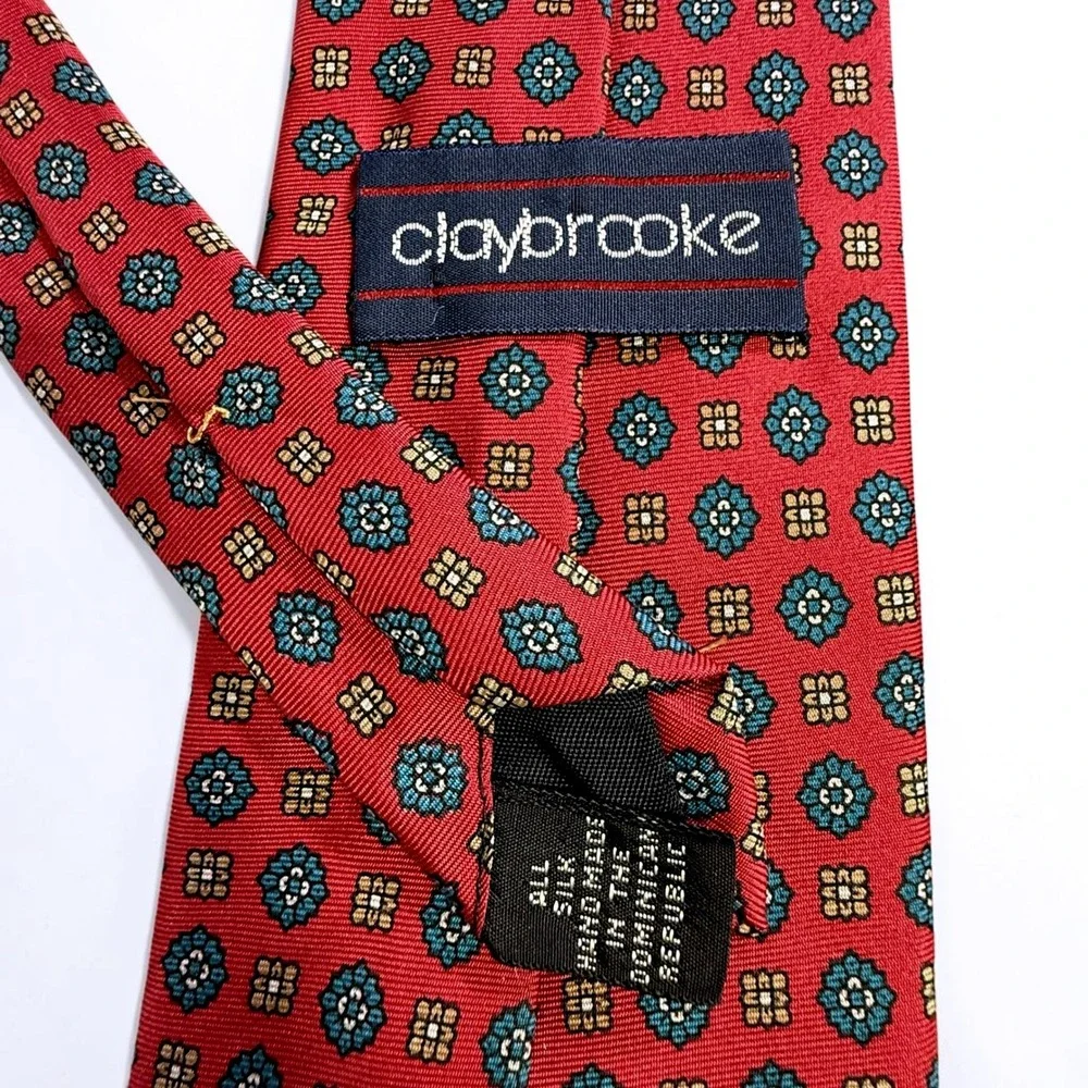 Claybrooke Mens Silk Necktie Red Teal Gold Medallion Geometric‎ Hand Made Tie
